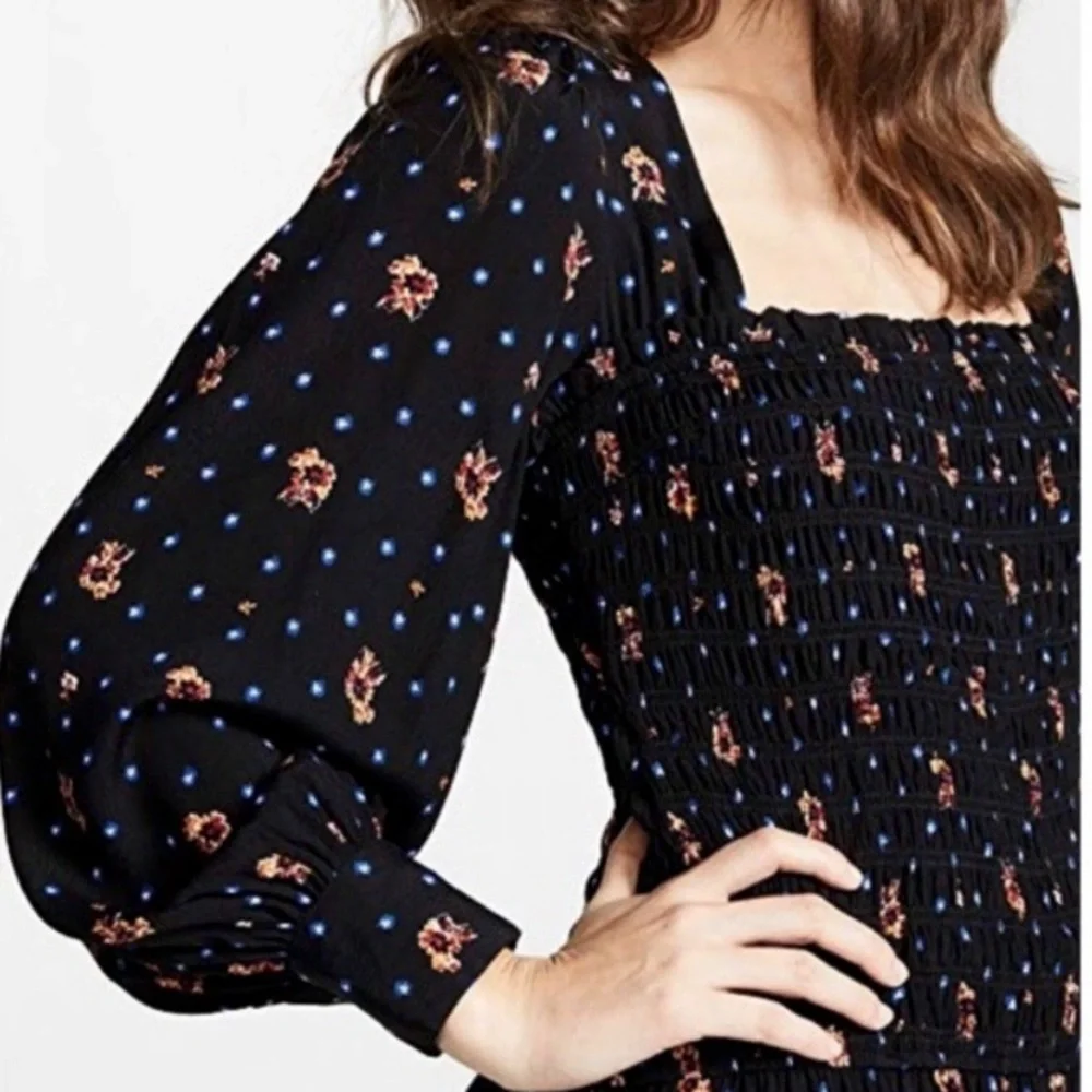 Free People Smocked Floral Celestial Star Black Long Sleeve Skater Mini Dress - Picture 5 of 14